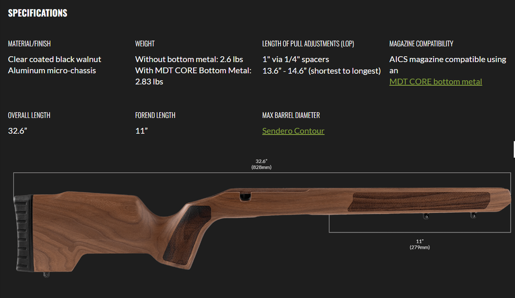 MDT Chassis TIMBR CORE Ruger American SA Walnut Rifle Stock w/ Metal 116033-WNT