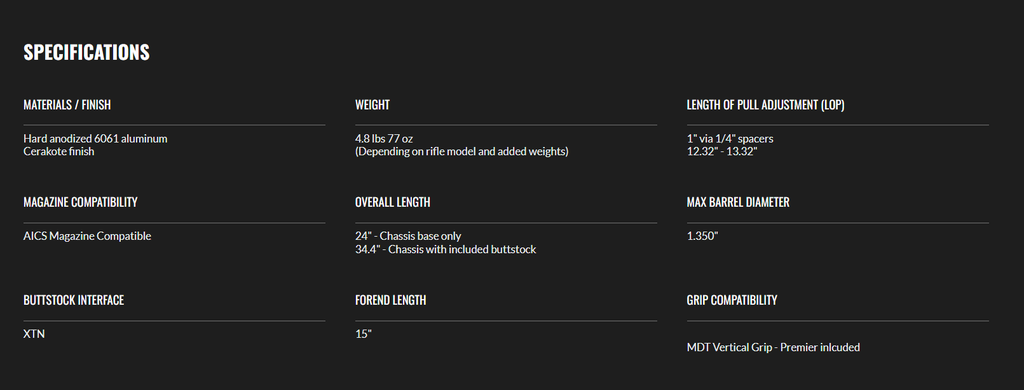 MDT Chassis ACC Premier Gen2 Rifle Stock Spec Listing