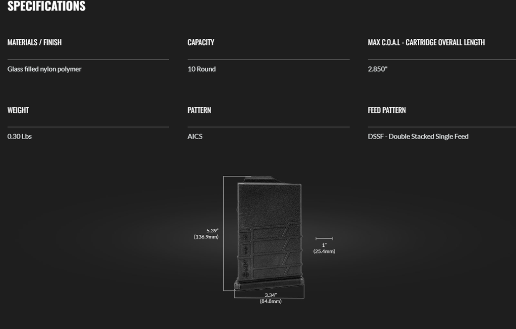 MDT Polymer AICS 10 RD Magazine 308 6.5 Creed Win Chassis SA Black 104447-BLK